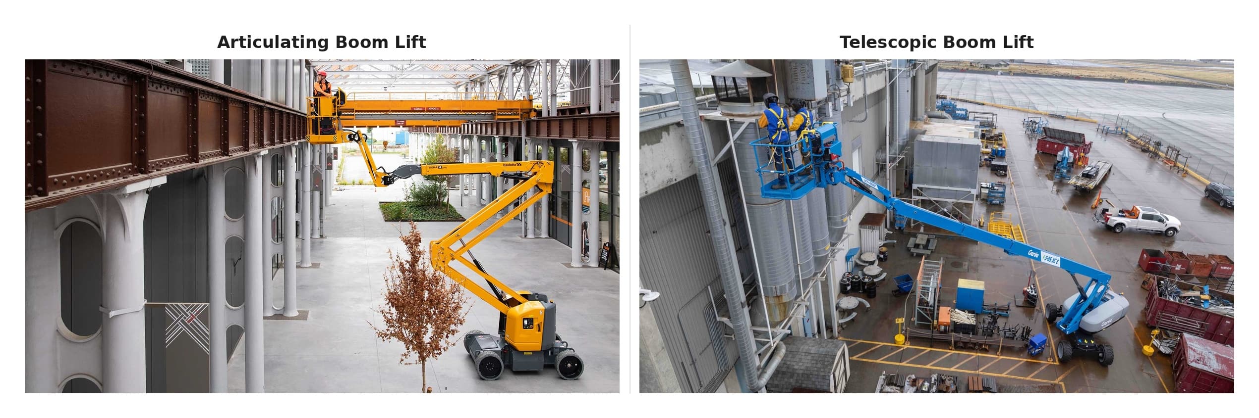 Comparação entre Boom Lift articulada e Boom Lift telescópica para diferentes acessos em altura.